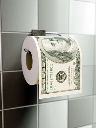 3D rendering of toilet paper roll with imprinted 100 US dollars on wall dispenserの写真素材