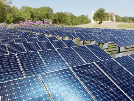 3D rendering of solar farm on sunny day