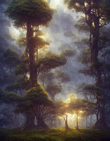 3d rendering of surreal beautiful fantasy giant prehistoric trees