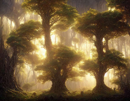 3d rendering of surreal beautiful fantasy giant prehistoric treesの写真素材