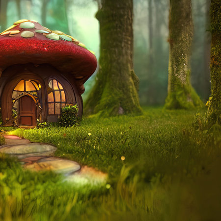 3d rendering of fairy tale little cottage in shape of mushroom in magical forest