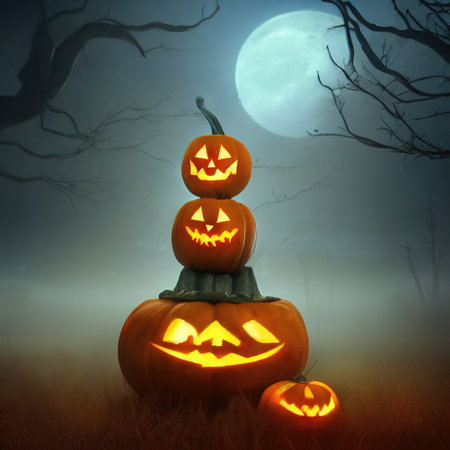3d rendering of bunch of Halloween jack-o-lantern pumpkins against the full Moonの写真素材