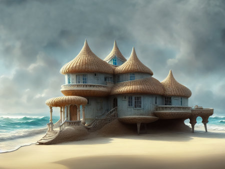 3d rendering of fantasy seashell-like house on a sandy beach islandの写真素材