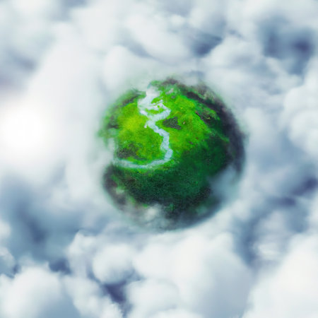 3d rendering of fantasy green little planet in the sky immerged in cloudsの写真素材