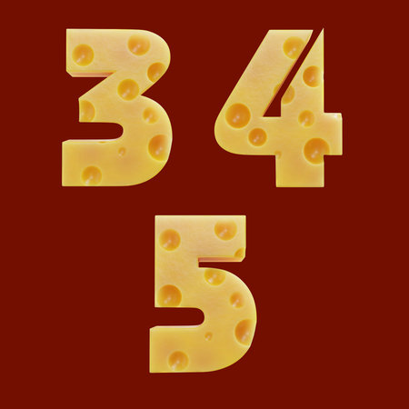 3D rendering of cheese alphabet - digits 3-5