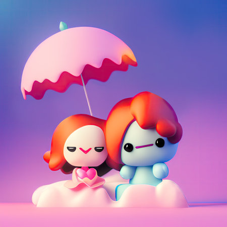 3D rendering of cute little Valentine couple characters sitting under shade umbrella in clay styleの写真素材