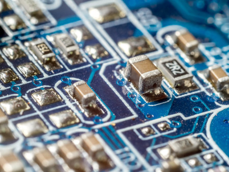 Closeup of electronic components embedded into PCB board