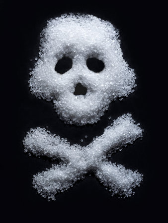 Skull shape arranged from white sugar on black backgroundの写真素材