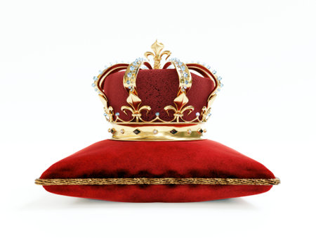 3D rendering of Monarch golden crown on red velvet cushion on white backgroundの写真素材