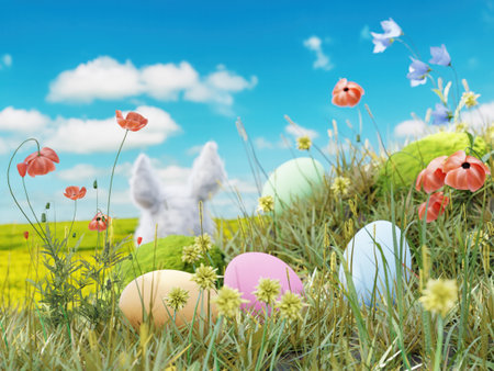 3D rendering of Easter bunny sitting in the grass with colorful easter eggs over blue skyの写真素材
