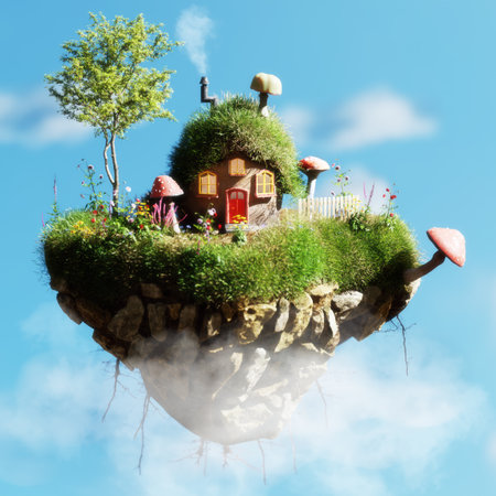 3d rendering of fantasy little rocky planet with cozy cottage floating in the skyの写真素材