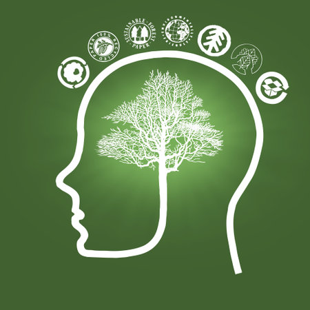 Illustration of human head outline with tree-shaped brain surrounded by ecology pictograms - environmental awareness conceptの写真素材