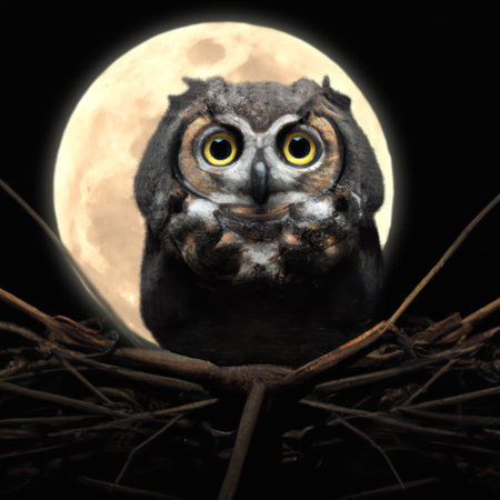Illustration of an old owl posing against a giant moonの写真素材