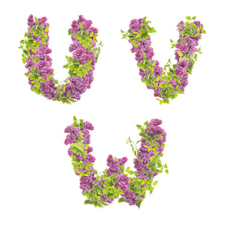 3D rendering of Lilac flowers capital letters alphabet - letters UWの写真素材