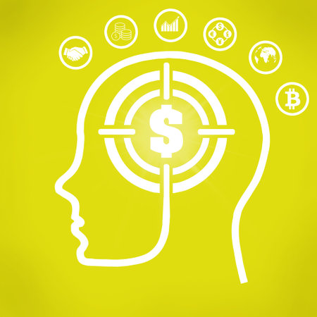 Illustration of human head outline with Dollar Target sign as a brain surrounded by different business-oriented pictograms - successful business conceptの写真素材