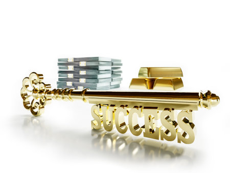 3D rendering of golden Success key with pile of money and gold bars on white backgroundの写真素材