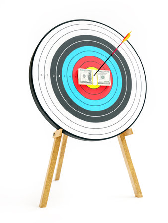3D rendering of wad of 100 US dollars pinned to archery target center with bow arrowの写真素材