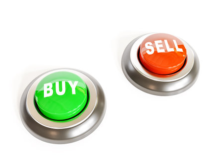 3d rendering of red and green glossy push buttons with SELL and BUY labels on white backgroundの写真素材