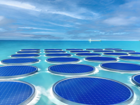 3d rendering of floating offshore solar panel farm - aerial view