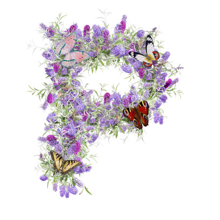 Illustration of wild flowers capital letter alphabet - letter Pの写真素材