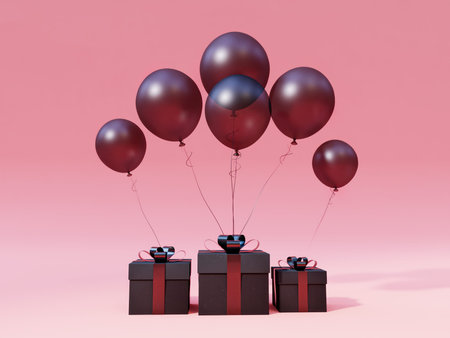 Three cardboard boxes with black balloons attached - Black Friday concept