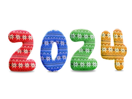 3d rendering of New Year 2024 date arranged from knitted christmas fabric digits