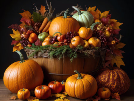 Wicker basket full of autumn pumpkins and other seasonal fruits and vegetables in beautiful compositionの素材