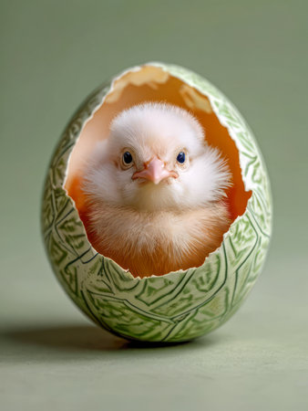 Cute hen chicklet hatching out of easter egg against green backgroundの素材