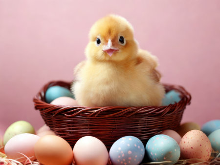 Cute hen chicklet sitting in the wicker basket with colorful easter eggs against pink backgroundの素材