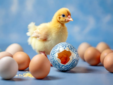 Cute hen chicklet hatching out of easter egg against light blue backgroundの素材