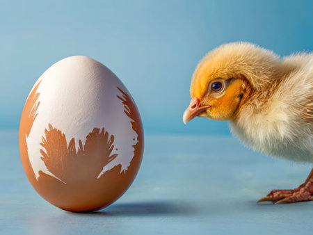 Cute hatched out hen chicklet looking at painted easter egg shell against blue backgroundの素材