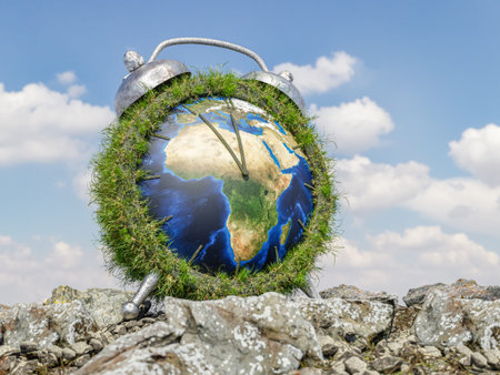 3d rendering of environmental disaster alarm clock with Earth map clock face standing on a rocky...