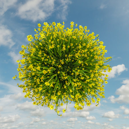 3D rendering of sphere covered with fresh daffodils flowers against blue sky - Little Planet concept