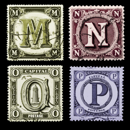 Vintage postal stamp alphabet with set of capital letters and digits - letter MP