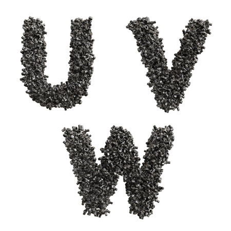 3d rendering of steel nuts and bolts capital letter alphabet - letters UWの写真素材