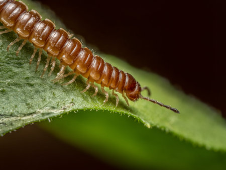 Closeup clip of centipede crawling on green leafの写真素材