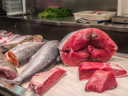 Fresh sea food market offering large variety of fresh fish, Murci, Spainの写真素材