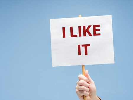A hand holding a rectangular white placard with the phrase I LIKE IT written in bold red letters, mounted on a wooden stick, against a plain, light blue backgroundの写真素材
