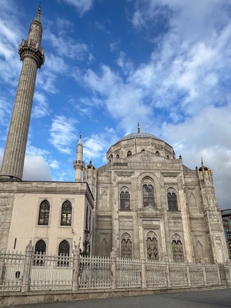 A historical Pertevniyal Valide Sultan Mosque, adorned with intricate details, Istanbul, Turkeyの写真素材