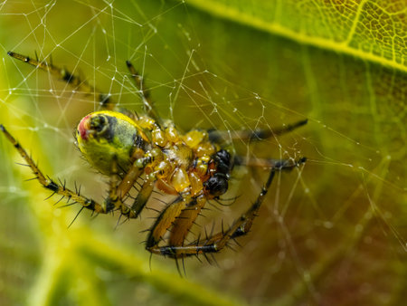 Detailed macro photography capturing a Araniella alpica spider sitting on its intricately spun webの写真素材
