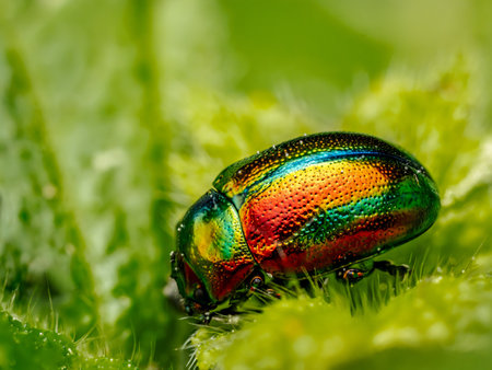 Macro photograph of a vividly colored dead-nettle leaf beetle with metallic hues resting on a green leaf.の写真素材