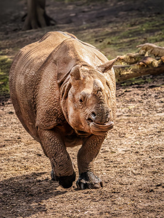A powerful rhinoceros confidently walks on dry ground, highlighting its strength and resilience in natureの写真素材