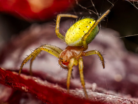 Close-up of a vibrant Cucumber green spider captured in macro detail hanging on a fine thread of its web.の写真素材