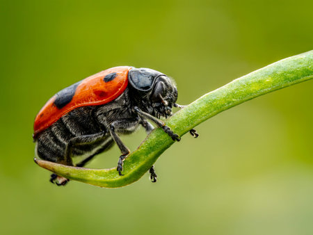 Macro shot of ant bag beetle sitting on a plant stem