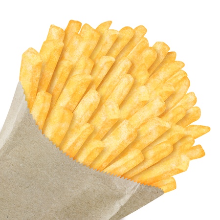 French fries in paper bag, on white backgroundの写真素材