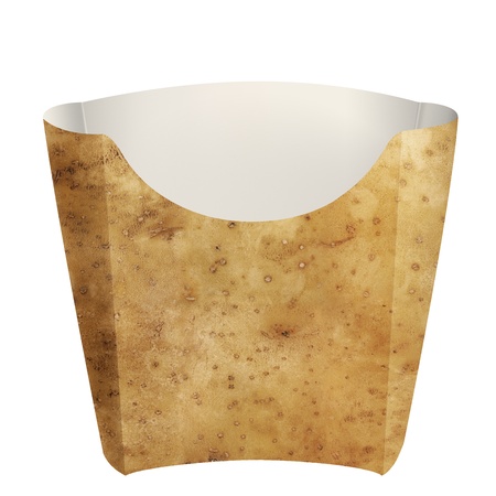 Empty potato packaging for french fries, on white backgroundの写真素材