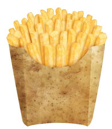 Golden french fries in potato packaging, on white backgroundの写真素材
