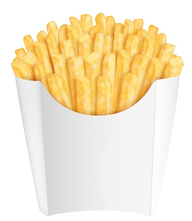 Golden french fries in white packaging, on white backgroundの写真素材