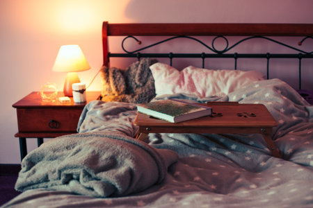 Enjoying the reading a book at home. Sitting in bed with blanket, with book, relaxing at home....