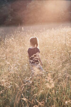 Little happy girl walking through a tall grass in the countryside. Candid people, real moments, authentic situationsの写真素材